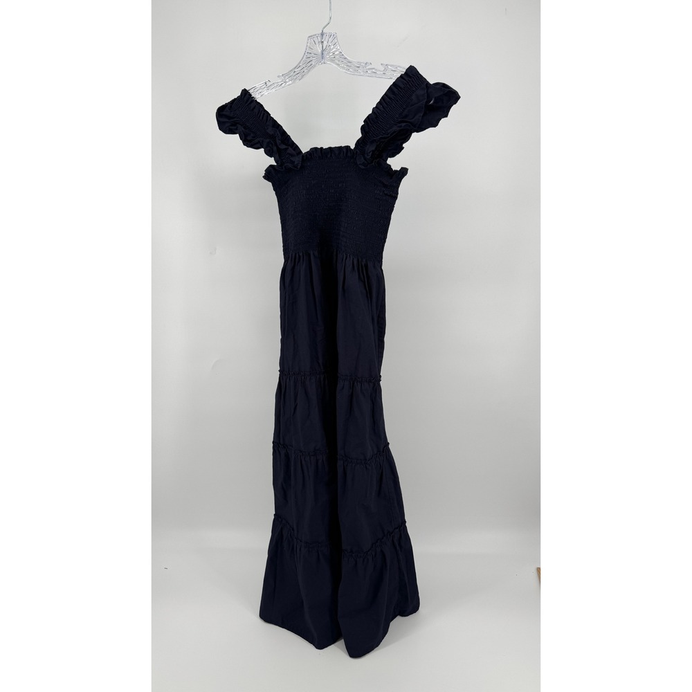 Quince Organic Cotton Smocked Tiered Maxi Dress Medium Navy Blue Ruffle